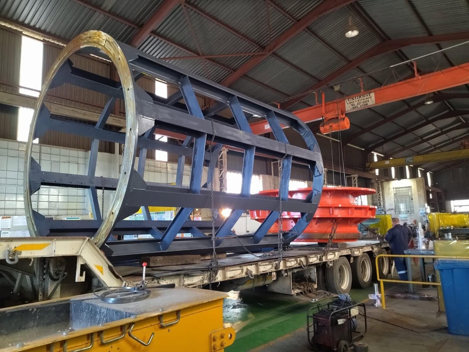 Large fabricated steel assembly inside the Deltarette workshop